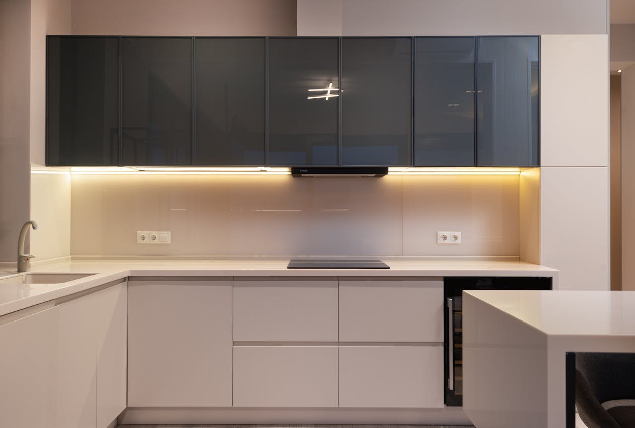 Contemporary kitchen interior with wooden countertop and clean minimalist styling