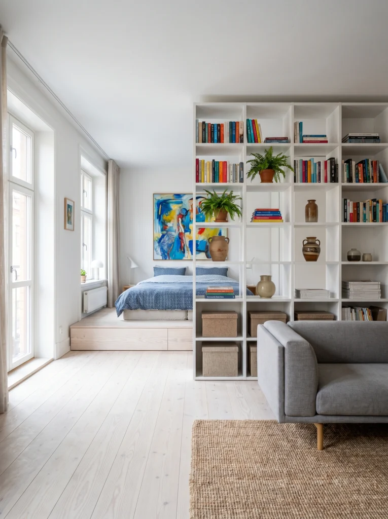 Studio Apartment Open Shelf Divider Ideas