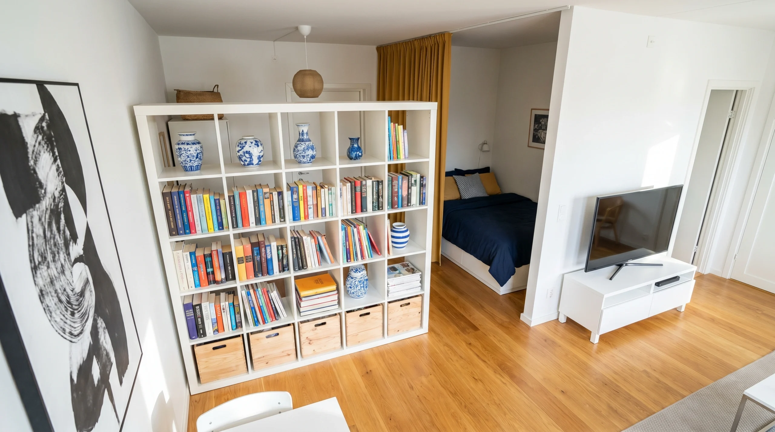 17. The Warm Wood Shelf in a Boho Multi-Zone Studio